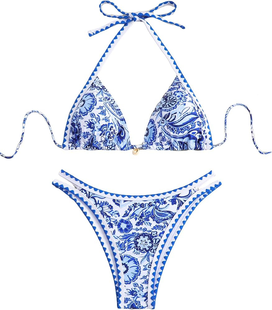 Women's Floral Printed Bathing Suit Halter Paisley Summer Swimsuit Bikinis Set | Amazon (US)
