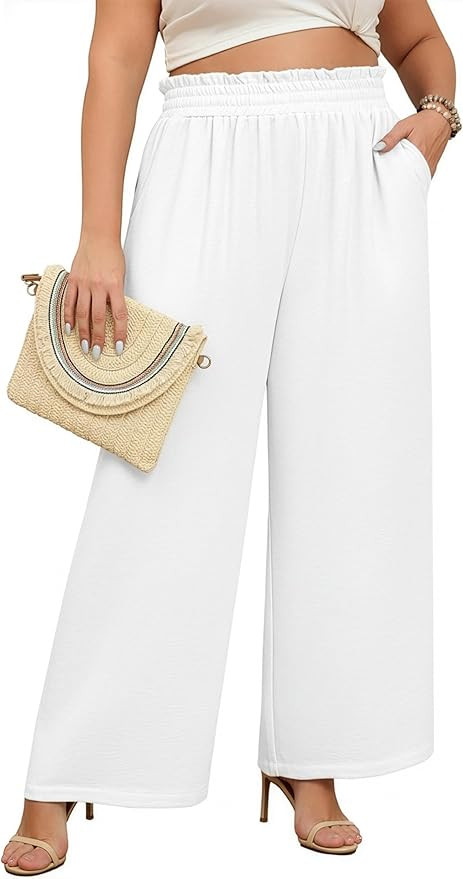 Lastshe Women's Plus Size Wide Leg Pants Elastic High Waist Hide Drawstring Loose Work Pants Pala... | Amazon (US)