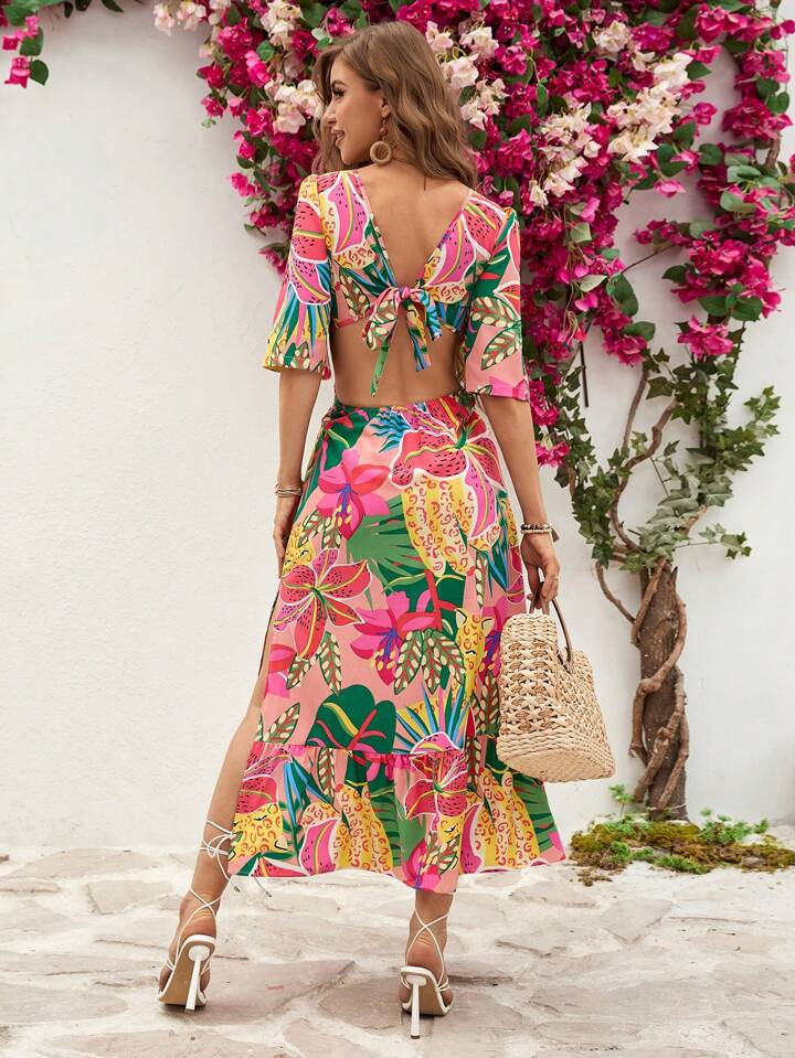 SHEIN VCAY Summer Flower Print Hollow Out V Neck High Slit Dress With Ruffle Hem Two Piece Set | SHEIN