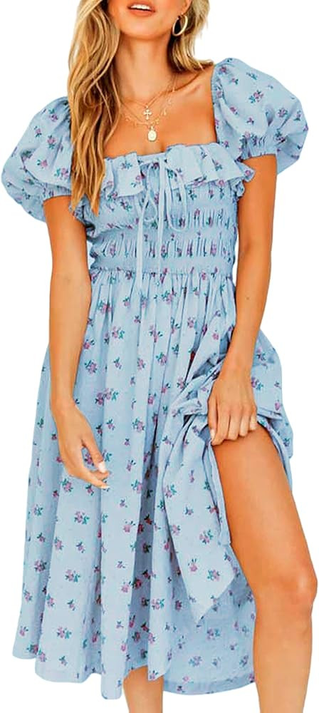 R.Vivimos Womens Summer Floral Print Puff Sleeves Vintage Ruffles Midi Dress | Amazon (US)
