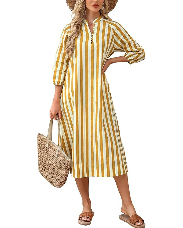Women Summer Striped Button Down Long Maxi Dress Loose Fit 3/4 Sleeve Cotton Caftan Shirt Dress w... | Amazon (US)