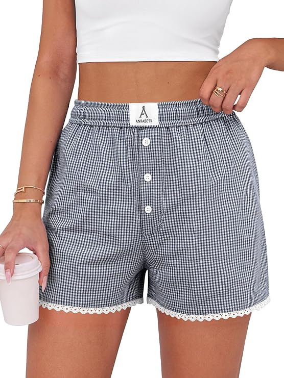 ANRABESS Boxer Shorts for Women 2026 Summer Pajama Gingham Pj Shorts Casual Lounge Sleep Plaid Y2... | Amazon (US)