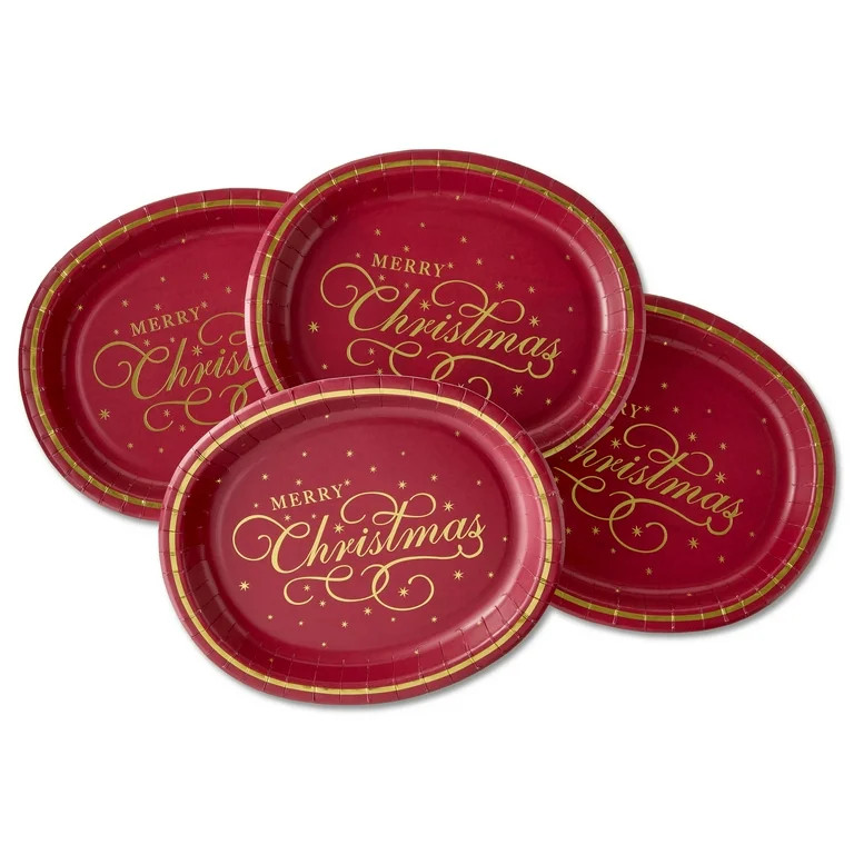 Merry Christmas Oval Disposable Paper Plates, 12" x 10", Burgundy and Gold, 8 Count, by Holiday T... | Walmart (US)