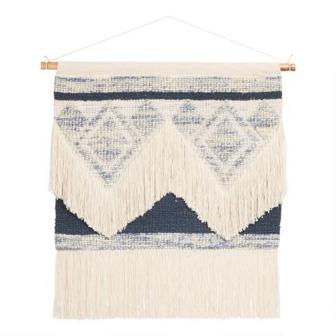 Oversized Cream and Indigo Diamond Shag Wall Hanging | World Market