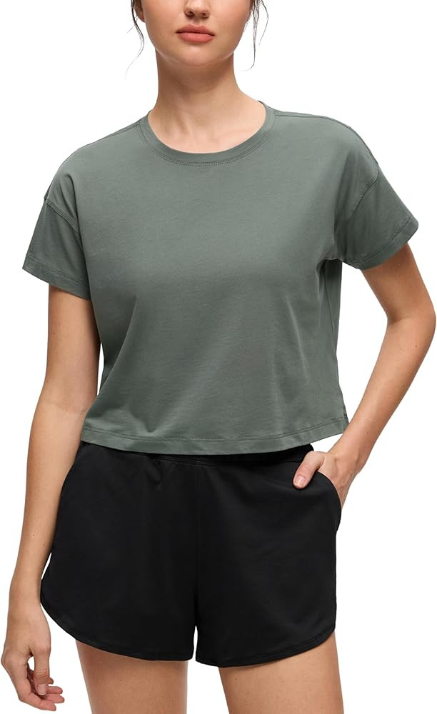 CRZ YOGA Pima Cotton Relaxed Crop T-Shirts for Women - Workout Athletic Gym Casual Short Sleeve S... | Amazon (US)