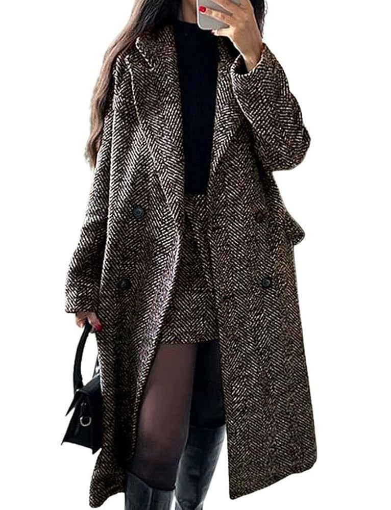 chouyatou Women's Winter Casual Herringbone Wool Coat Double Breasted Notch Collar Dressy Long Tr... | Amazon (US)