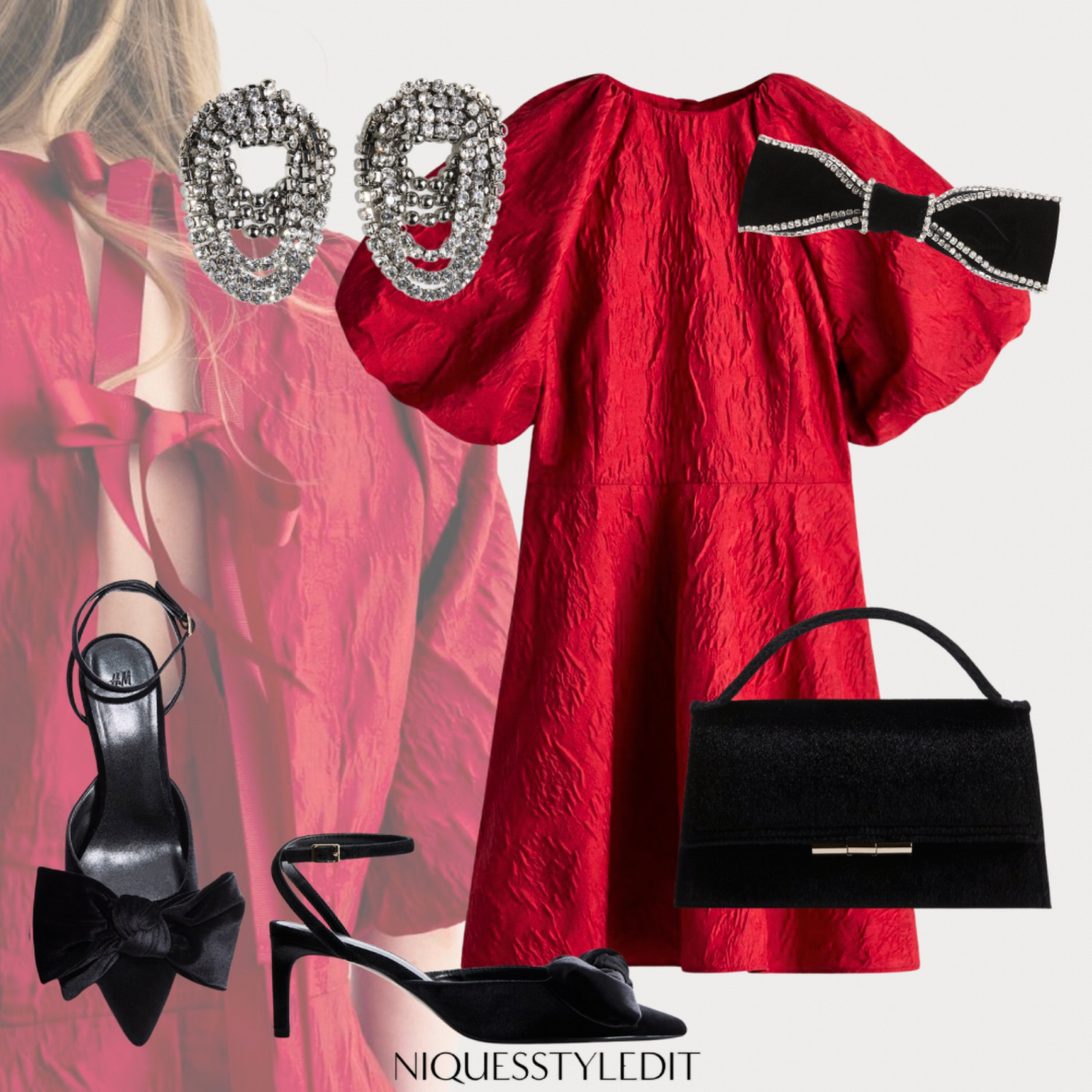 H&M Dress & Accessories; a chic/trendy Christmas Outfit. 

Christmas party outfit. Bows. Bow Shoes. Red Dress. Puff Sleeves. 

#LTKpartywear #LTKmidsize