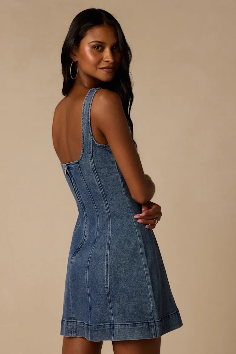 Trena Medium Wash Denim Skater Mini Dress | Lulus