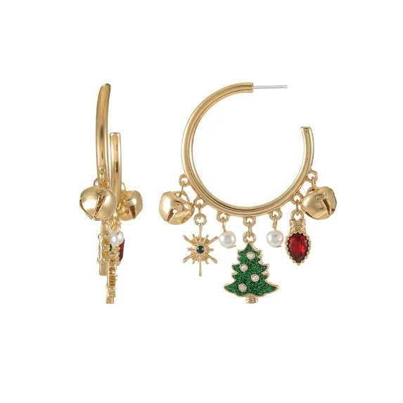Holiday Time Goldtone Hoop and Christmas Charm Earrings, 1 Pair | Walmart (US)