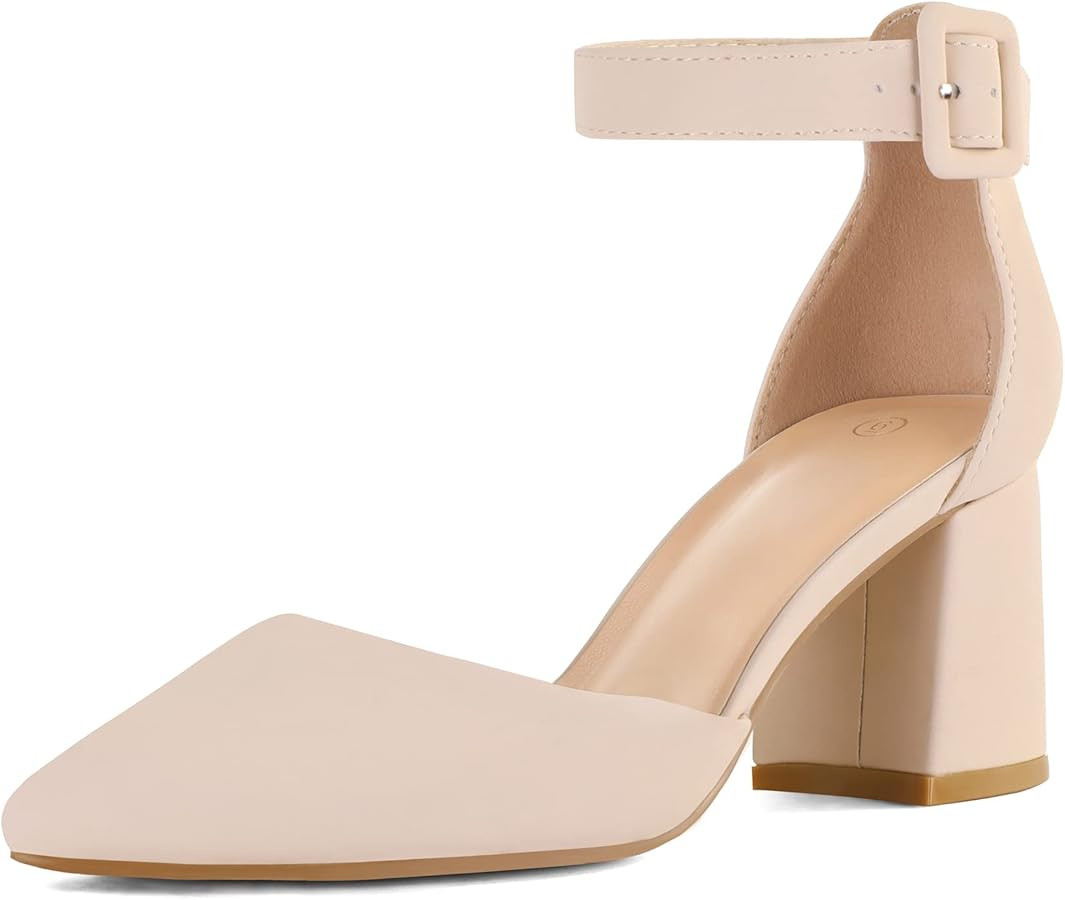 mysoft Women's Pointed Toe Low Chunky Heels Closed Toe Ankle Strap Dress Pump Shoes | Amazon (US)