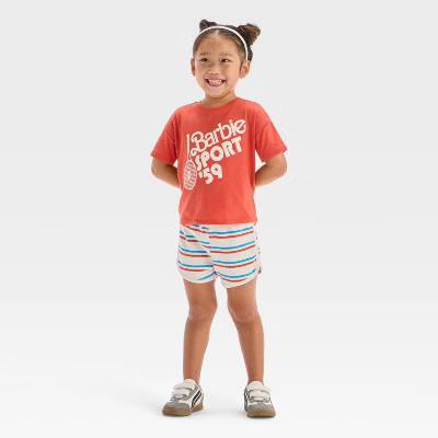 Toddler Girls' 2pc Mattel Barbie Sporty Retro T-Shirt & Striped Shorts Set - Red | Target