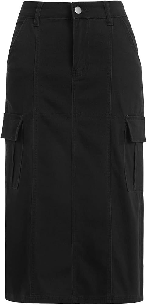 Women Denim Cargo Long Skirts High Waisted Pencil Skirt Midi Length Jean Skirt with Cargo Pockets | Amazon (US)