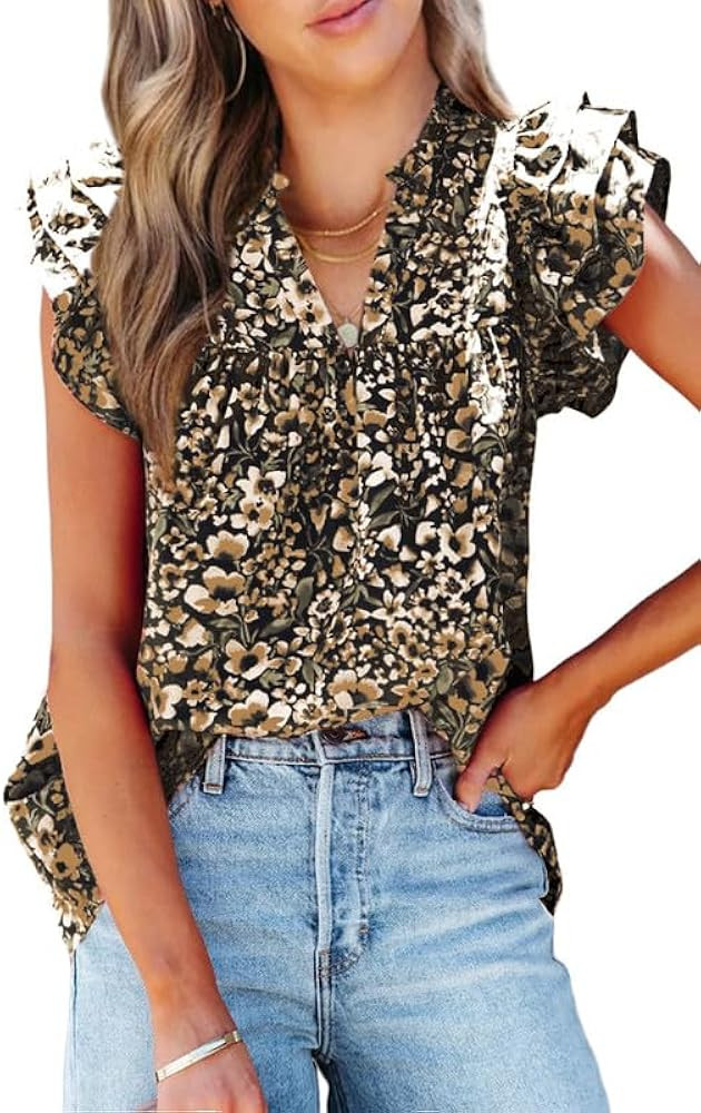 SHEWIN Women's Casual Boho Floral V Neck Ruffle Short Sleeve Loose Blouses Tops | Amazon (US)