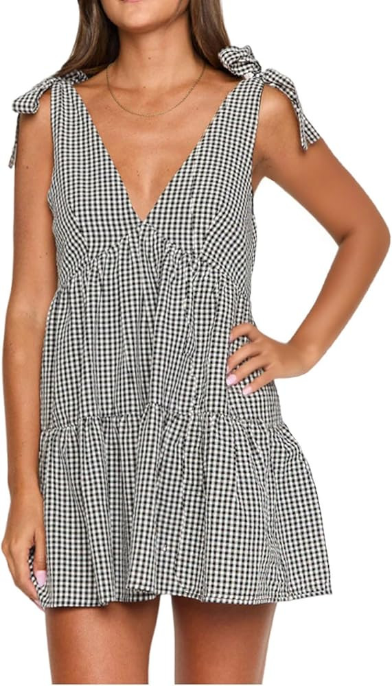 utcoco Women's 2025 Summer A Line Flowy Plaid Mini Dress Y2k Tie Shoulder Babydoll Dress Beach Va... | Amazon (US)