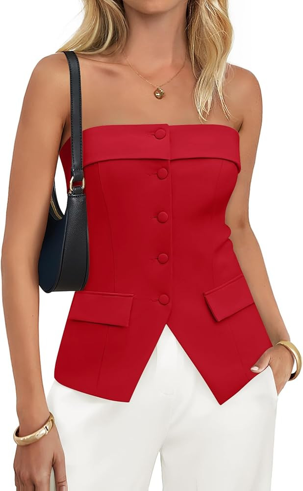 ZESICA Strapless Blazer Vest for Women 2026 Summer Going Out Sleeveless Button Down Dressy Tube V... | Amazon (US)