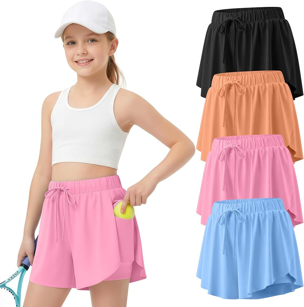 Didaey 4 Pack Girl's Athletic Flowy Shorts Kids Butterfly Short with Pockets 2 in 1 Drawstring Sp... | Amazon (US)