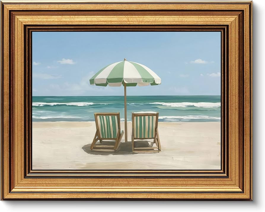 Gold Framed Wall Art, Coastal Landscape Canvas Prints \u2013 Summer Sage Green Beach Chairs Pictu... | Amazon (US)