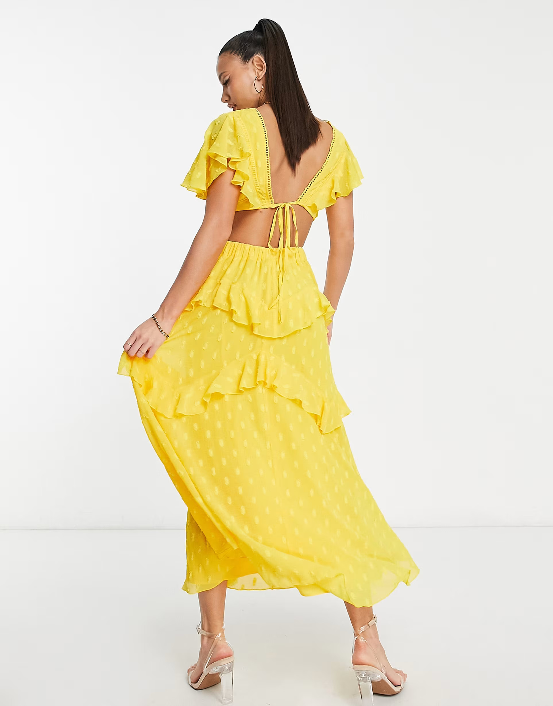 ASOS DESIGN Tall textured tiered midi dress with lace insert and open back in yellow | ASOS (Global)