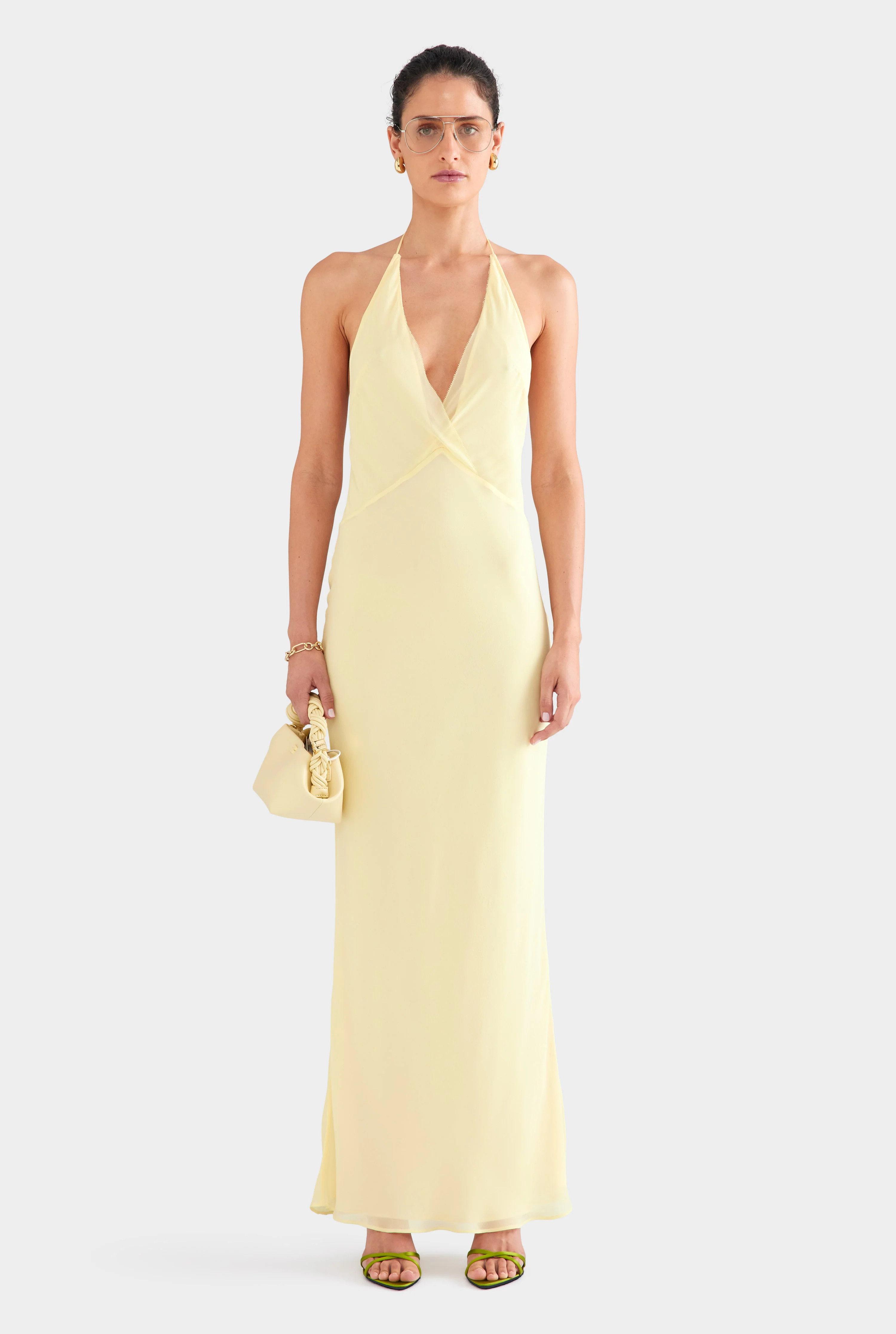 Low Back Layered Silk Halter Dress Pastel Yellow | Venroy | Venroy AU