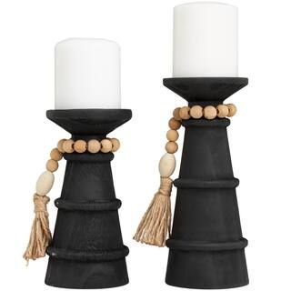Black Wood Handmade Textured Matte Candle Holder with Beaded Garland Accent (Set of 2) | The Home Depot