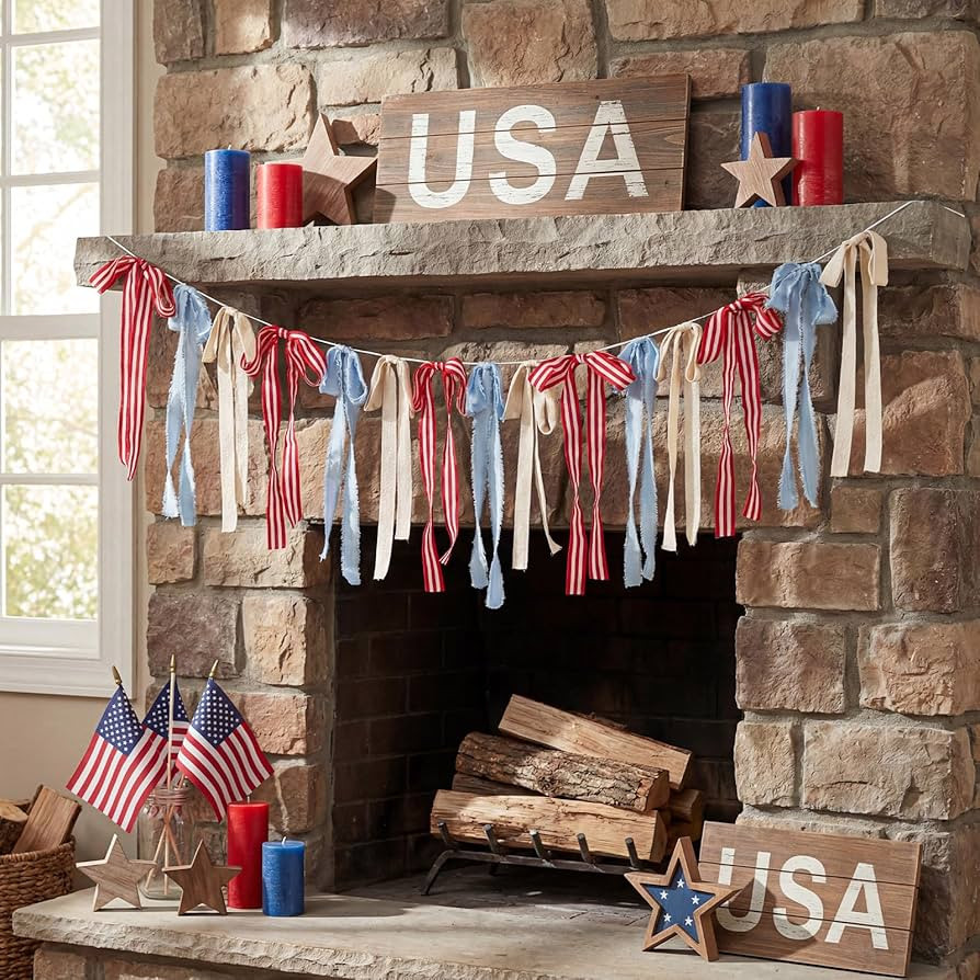 Gilprop 6.7 ft Red White and Blue Patriotic Bow Banner 4th of July Ribbon Garland 250th Anniversa... | Amazon (US)