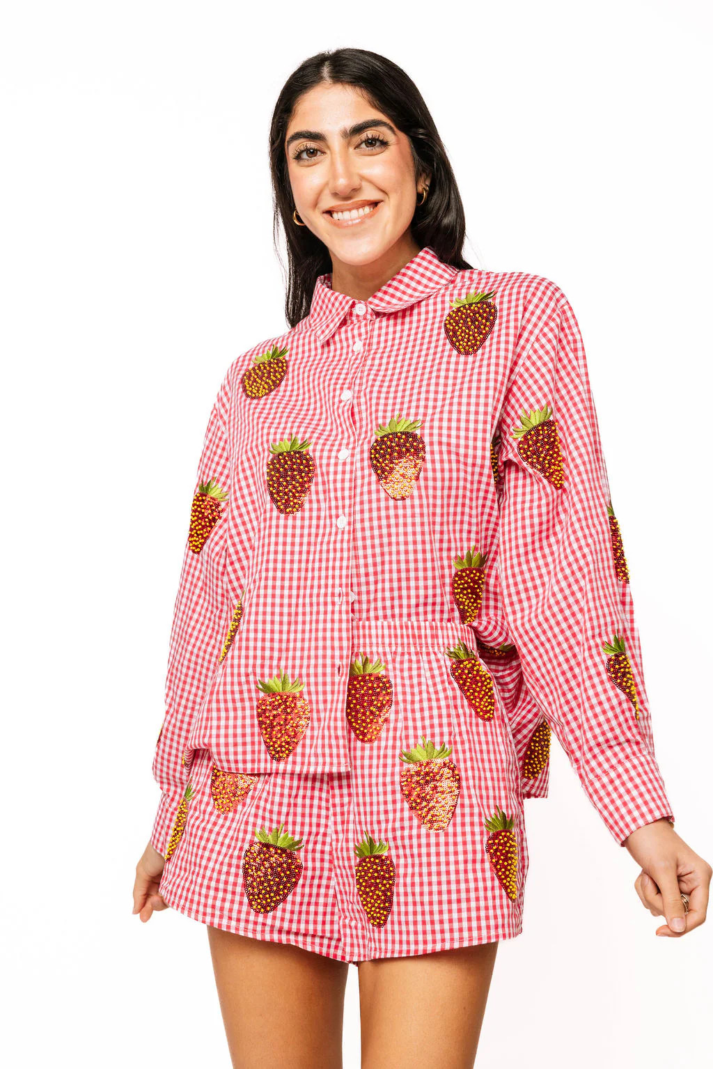 Red & White Gingham Beaded Strawberry Button Up Cotton Long Sleeve Top | Queen of Sparkles