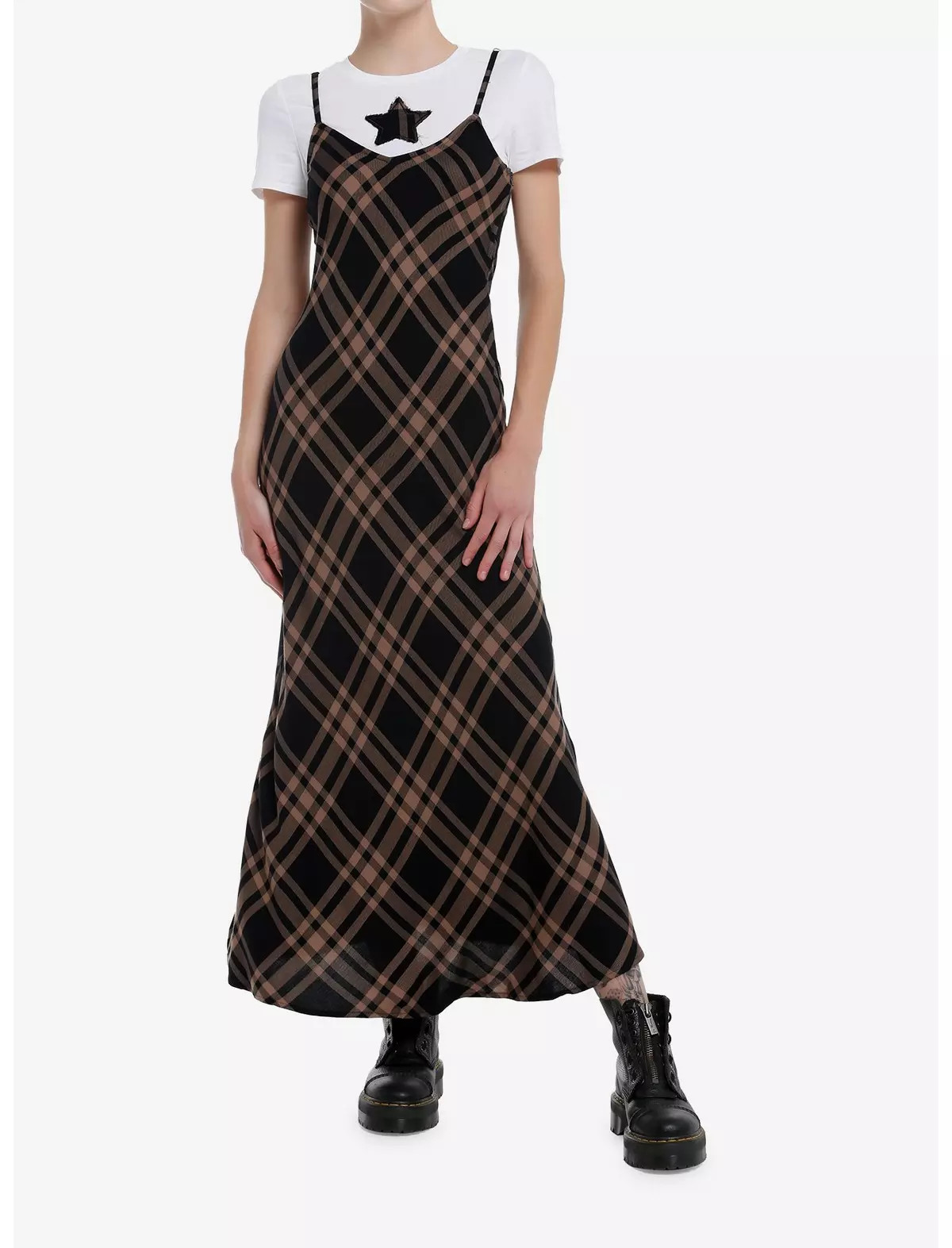 Brown & Black Plaid Star Twofer Maxi Dress | Hot Topic
