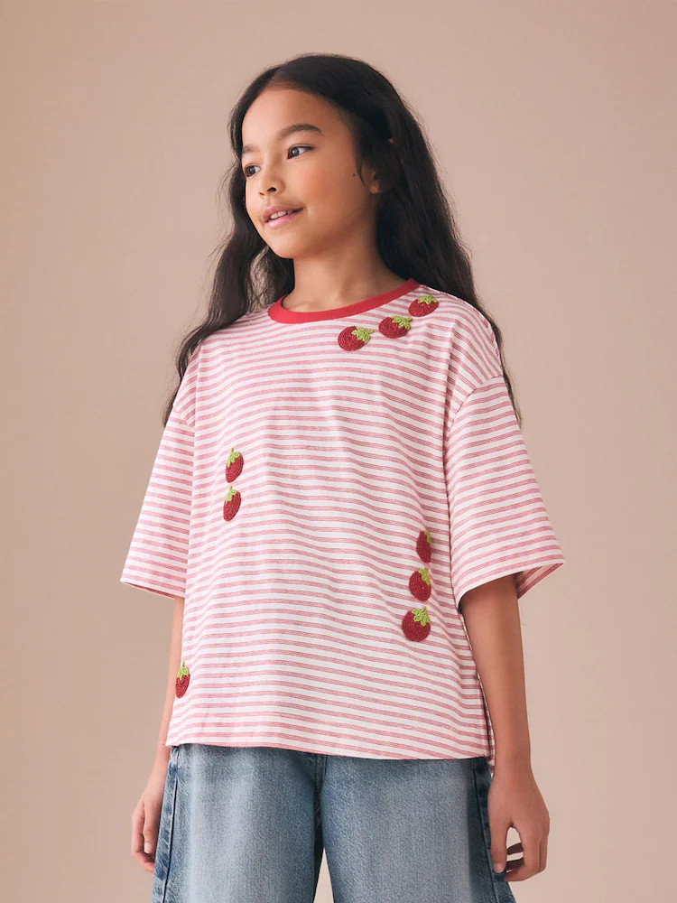 Red Stripe Beaded Tomato Oversized Boxy T-Shirt (3-16yrs) | Next US