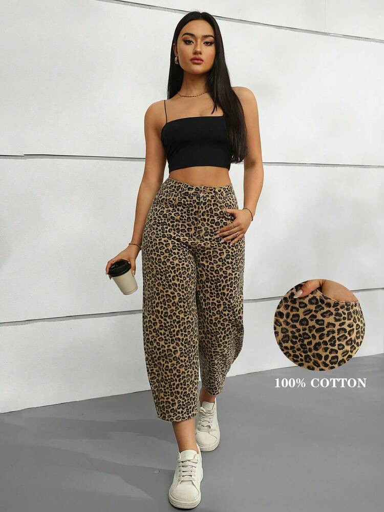 Leopard Barrel Wide Leg Cropped Jeans | SHEIN