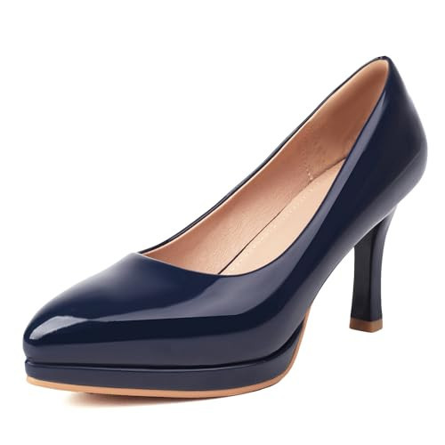 XIEDA Women's Navy Blue Pumps Pointed Toe Patent Leather Office Work High Heel Pumps Shoes (9.5, Navy Blue) | Amazon (US)