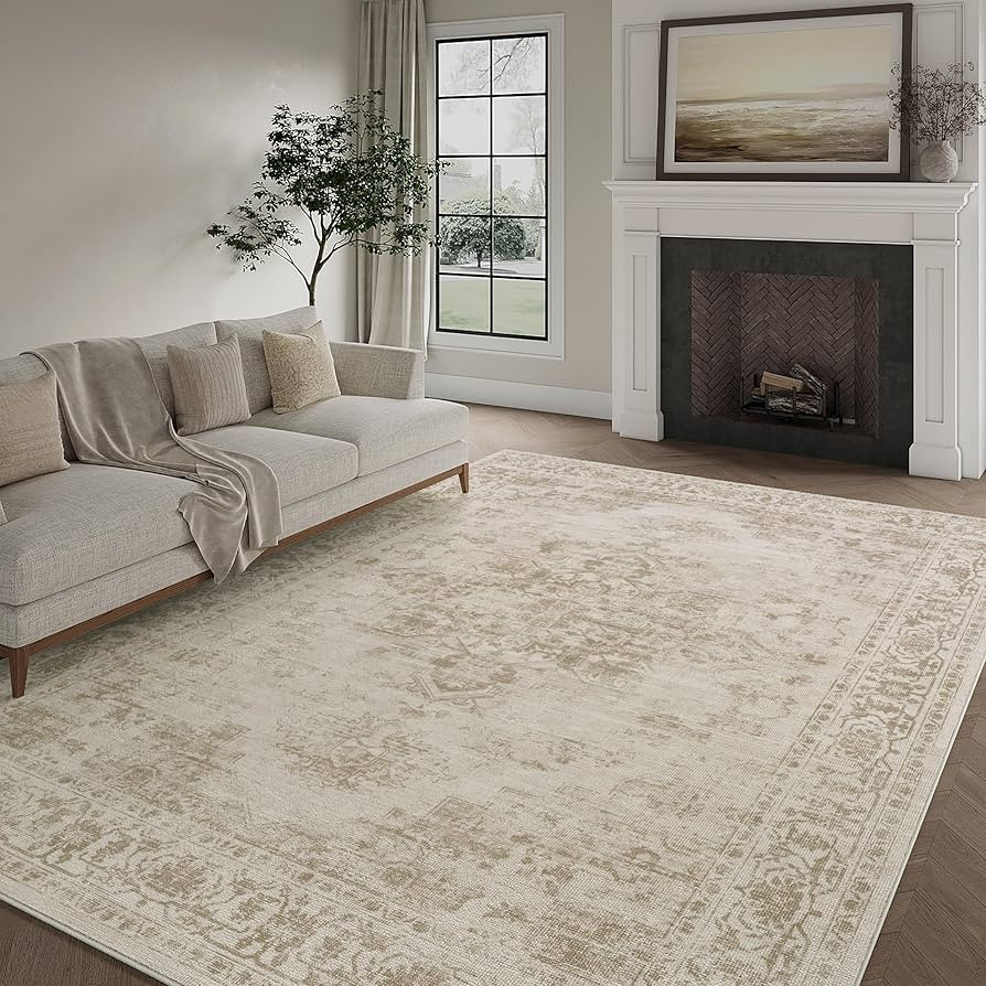 8x10 Area Rugs for Living Room Vintage Washable Rug Taupe Boho Floral Medallion Print Low Pile Ca... | Amazon (US)