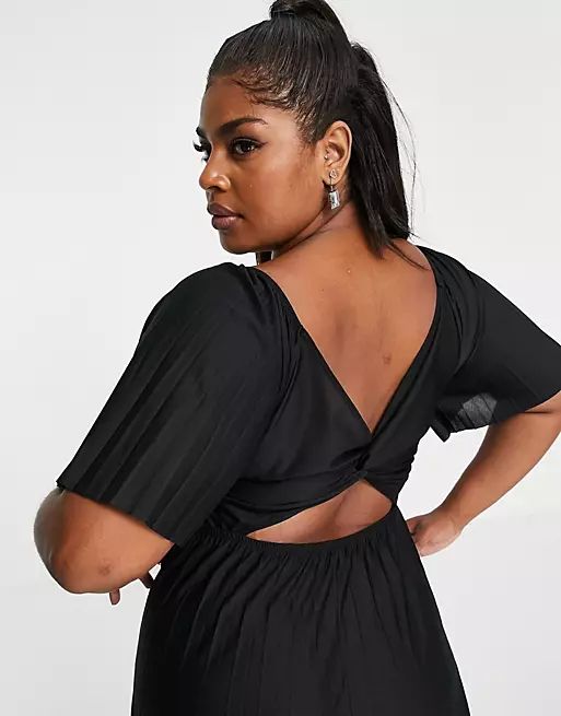 ASOS DESIGN Curve pleated twist back cap sleeve maxi dress in black | ASOS (Global)