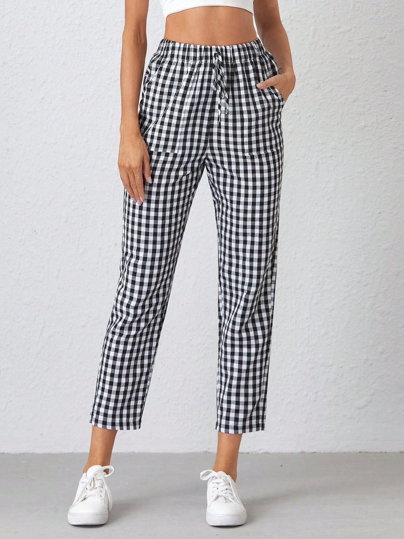 SHEIN Essnce Knot Waist Gingham Pants | SHEIN