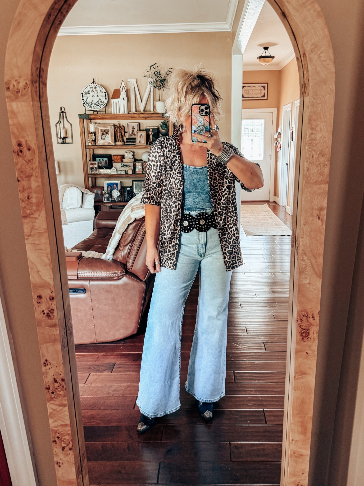 Save on this leopard top with code MANDIE @wkndchasers 
Top is part of a set and a size medium. 
Jeans I sized up one in and belt is a 
S/M. 


#LTKFindsUnder100 #LTKStyleTip #LTKOver40