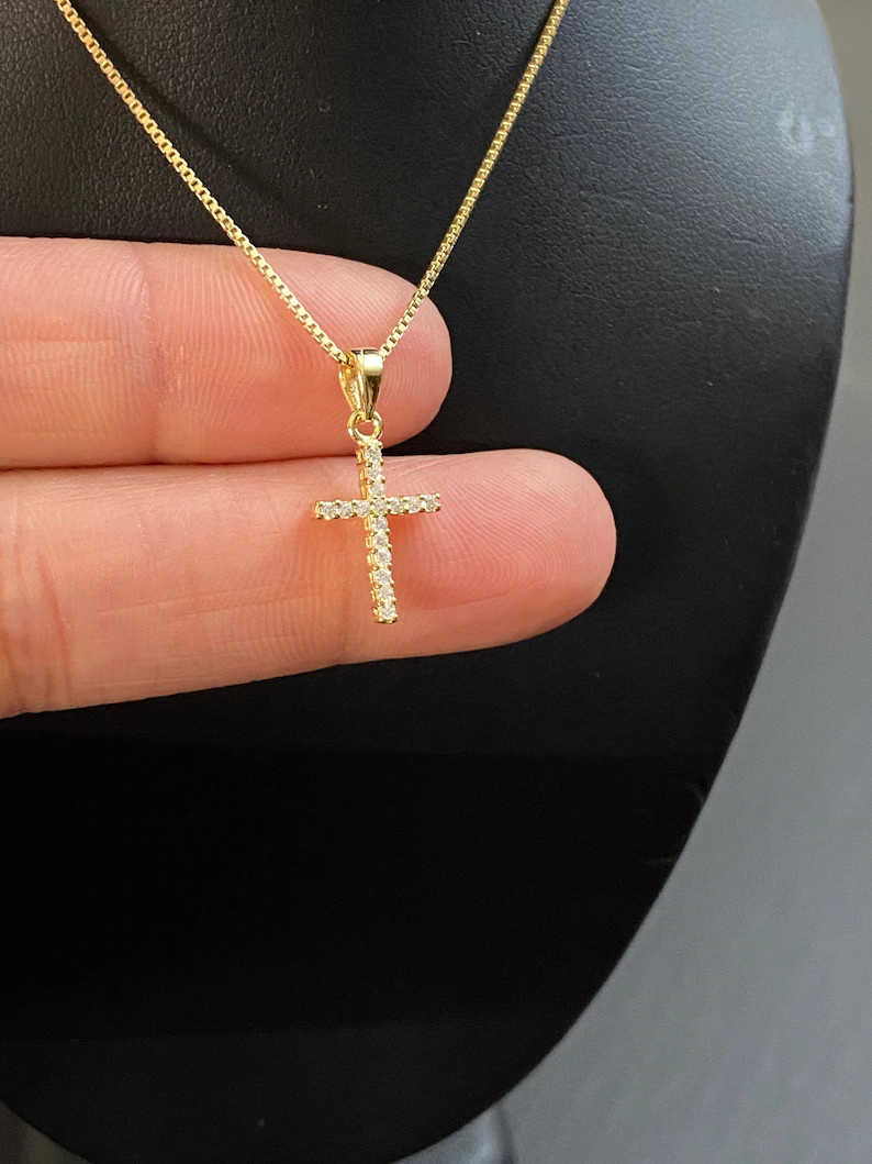 Gold Cross Necklace, Tiny CZ Cross Charm Pendant, Dainty Minimalist Gold Vermeil Necklace, Gift F... | Etsy (US)