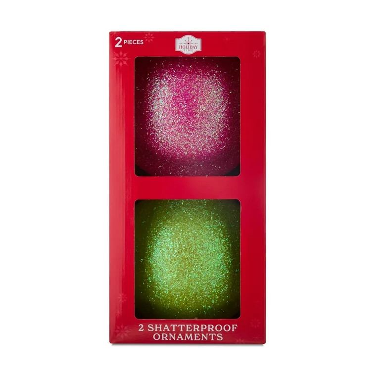 2-Count Pink and Lime Green Glitter Jumbo Shatterproof Ball Christmas Ornaments, 8 in, by Holiday... | Walmart (US)