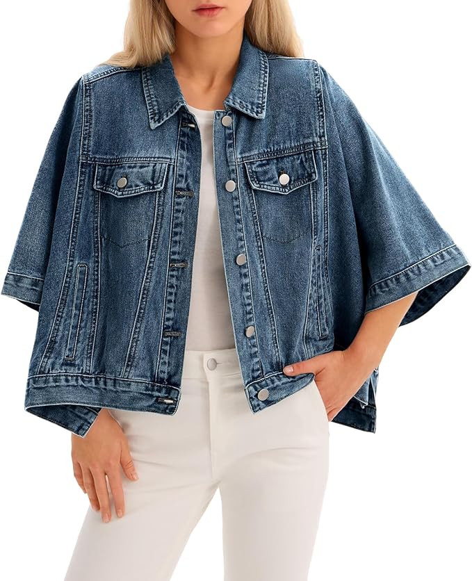 Tankaneo Womens Jean Jacket Oversized Cropped Short Sleeve Cotton Denim Jacket Fall Trendy Cape O... | Amazon (US)