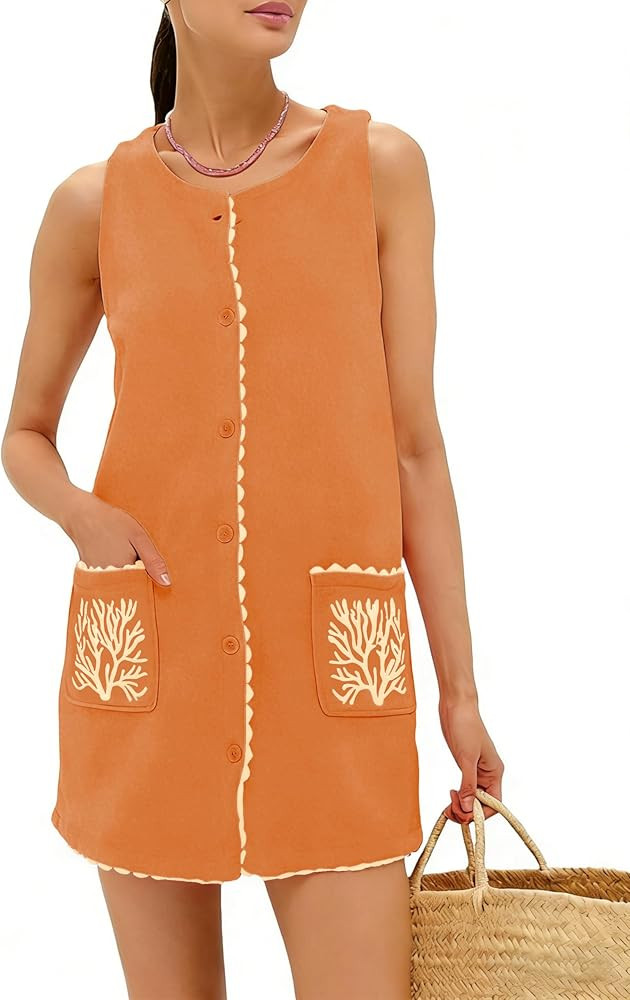 Sleeveless Mini Dress for Women Faux Suede Soft Cover Up with Button Front Summer Casual Embroide... | Amazon (US)