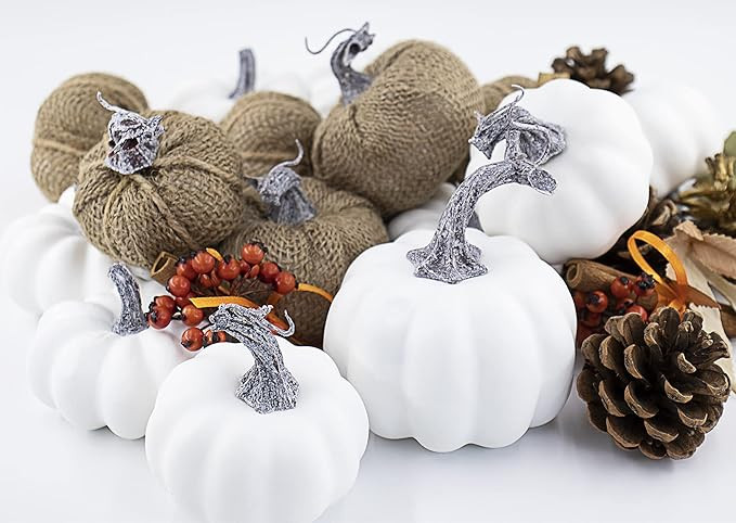 Artificial White Pumpkins，Assorted Rustic Harvest Artificial Bulap Pumpkins for Fall Wedding Th... | Amazon (US)
