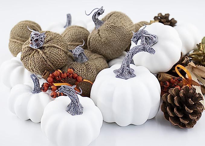 Artificial White Pumpkins，Assorted Rustic Harvest Artificial Bulap Pumpkins for Fall Wedding Th... | Amazon (US)
