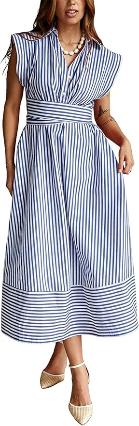 Yeokou Women Striped Shirt Dress Sleeveless Button Down Summer Casual Maxi Dresses Beach Vacation... | Amazon (US)