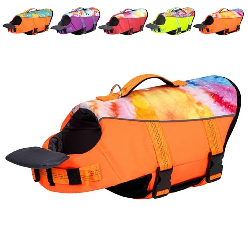 cyeollo Dog Life Jacket Ripstop Dog Life Vest, Pet Safety Vest with Rescue Hadle for Swimming Boating, Reflective Lifejackets with Front Float for Small Medium Large Dogs, Tie Dye Orange L | Amazon (US)