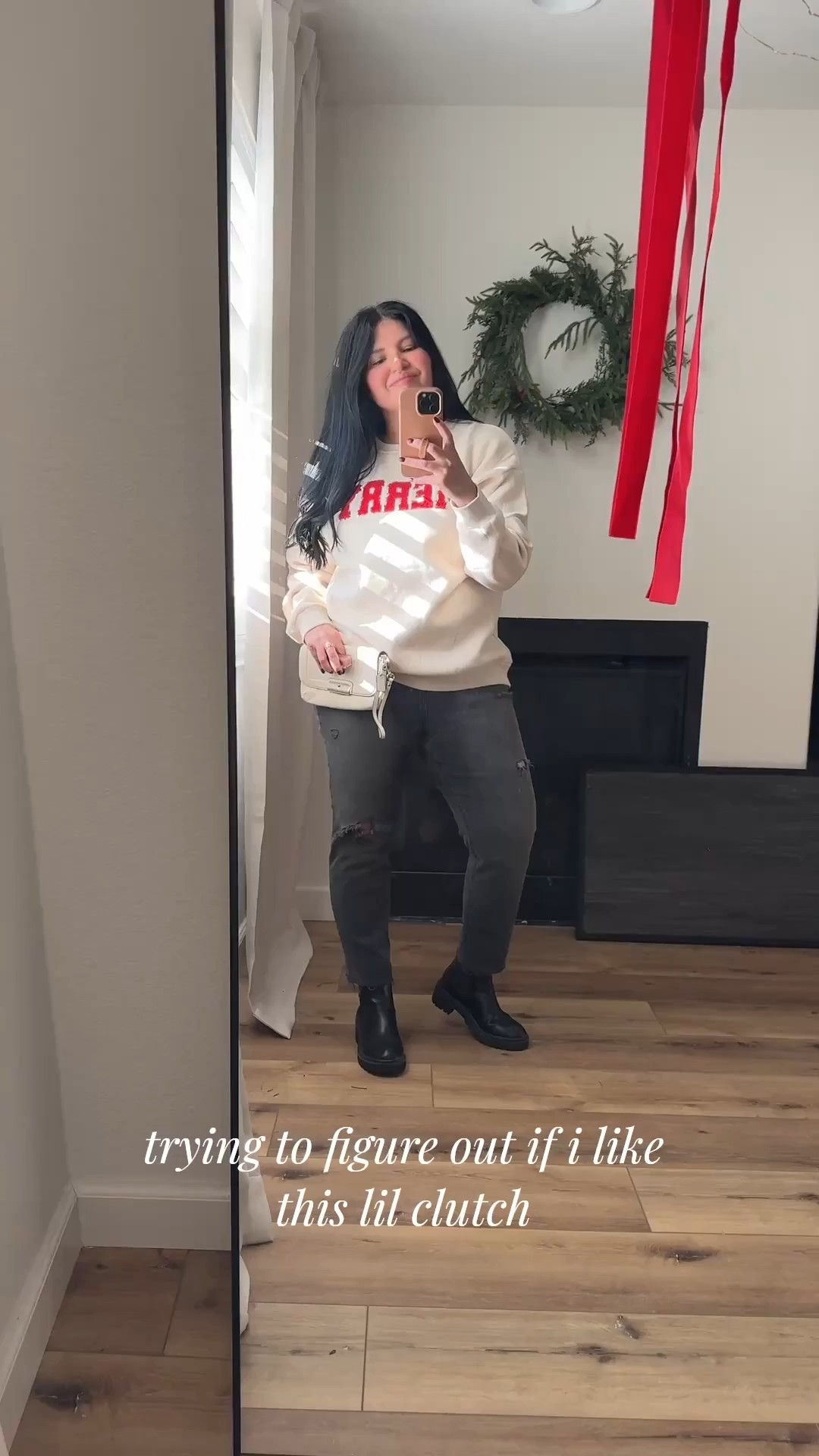 Merry sweater in a large and so cute 🥰  

pants are old will link similar //: if I remember correctly I cut mine to hit me at this length 

#LTKootd #LTKHoliday #LTKSaleAlert