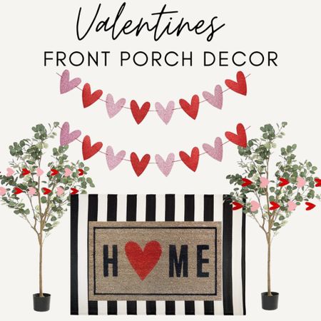 Valentine’s front porch
Black/ white striped rug
Doormat 
Heart garland 
Faux trees 


#LTKhome #LTKstyletip