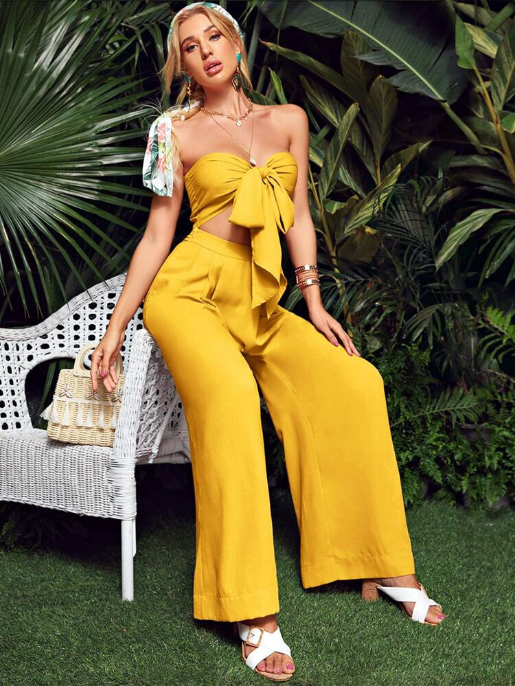 SHEIN Tie Front Tube Top and Wide Leg Pants Set | SHEIN