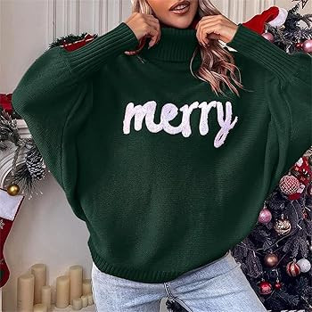 Merry Christmas Sweater for Women 2025 Long Batwing Sleeve Turtleneck Oversized Pullover Jumper F... | Amazon (US)
