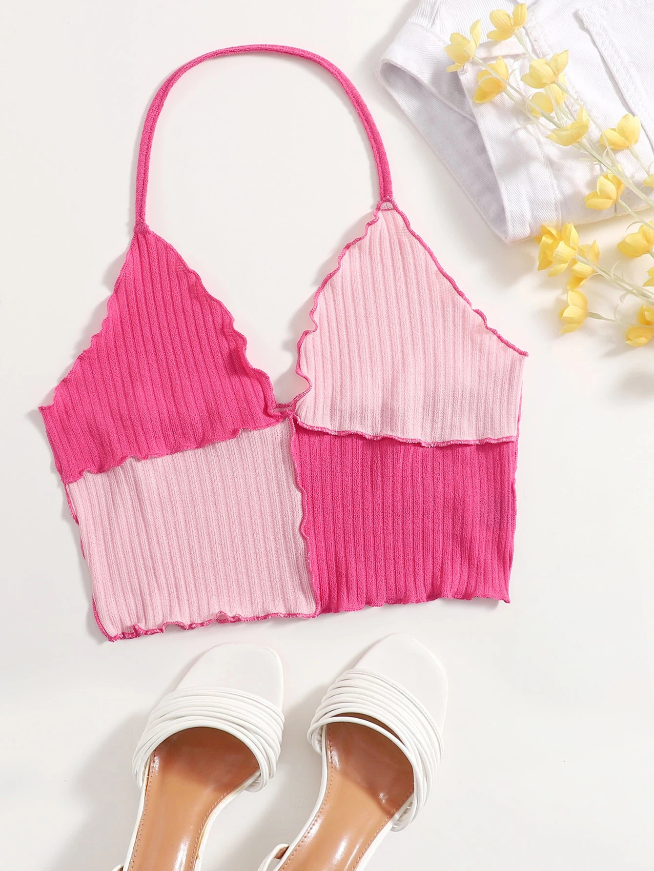 SHEIN Plus Lettuce Trim Halter Top | SHEIN