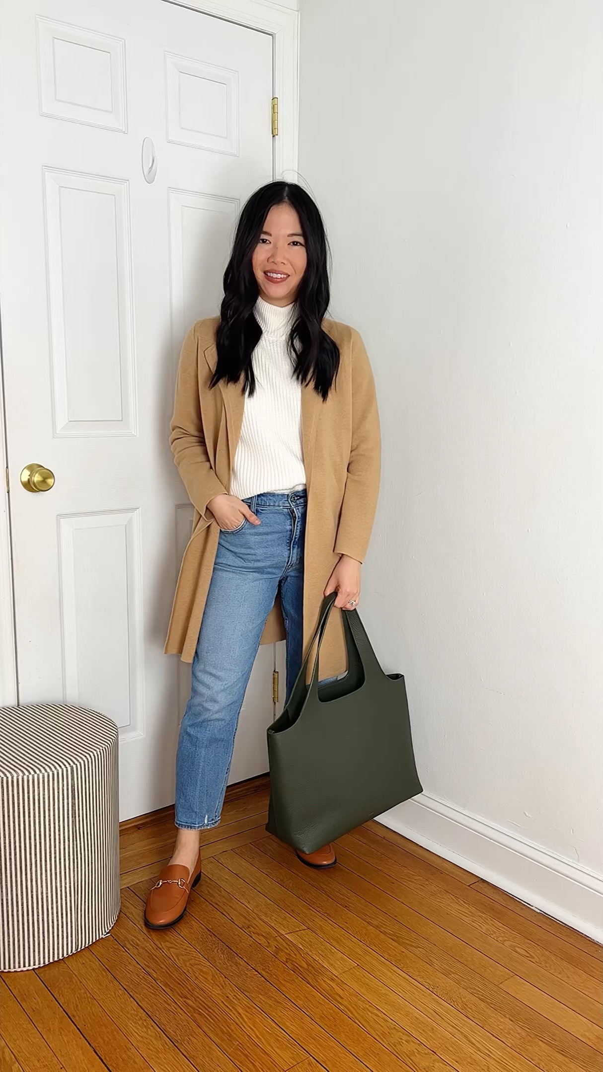 Camel sweater jacket (XXS)
Camel coatigan
J.Crew Juliette cardigan
White sleeveless sweater (XS)
High waisted mom jeans (28S)
Olive green tote bag
Cuyana System tote
Brown loafers (TTS)
Smart casual outfit 
Business casual outfit 
Abercrombie outfit 
Neutral work outfit 
Neutral outfit 
Spring outfit

#LTKSeasonal #LTKworkwear #LTKsalealert