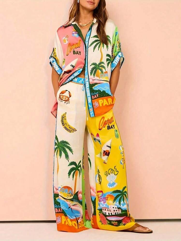 2026 Summer New ArrivalsFloral Two Piece Sets Women Casual Floral Fruit Print Short Sleeve Shirt Wide Leg Pants Hawaii Beach Outfitsfourth Of July Outfits Women,Dress,Wedding Guest Dress Women Elegant Formal,Beach Cover Up,Vestidos De Verano Mujer,Dress,Boho Womens Clothing,Jamaica Vacation Outfits | SHEIN