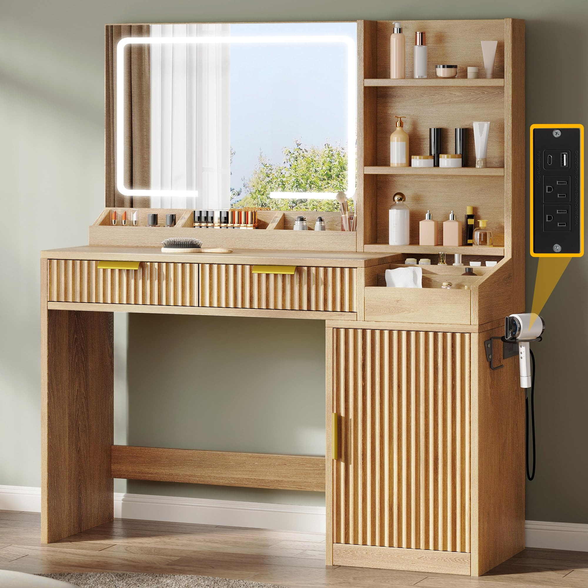 DWVO Fluted Makeup Vanity Desk with Large 27" Mirror and Lights, Modern Big Makeup Table with Pow... | Amazon (US)